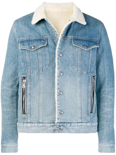 Shop Balmain Shearling Denim Jacket In Blue