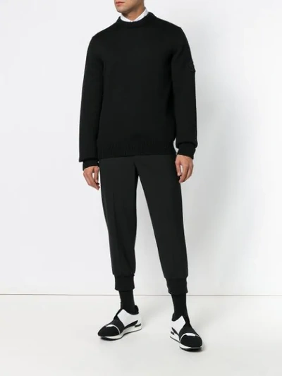 Shop Prada Chunky Knit Logo Sweater In F0002 Black