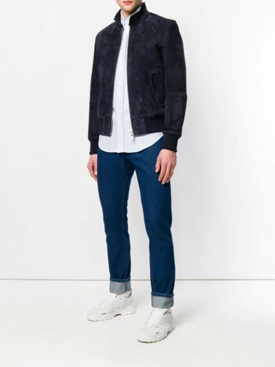 Shop Ami Alexandre Mattiussi Suede Leather Zipped Jacket Harrington Collar In Blue
