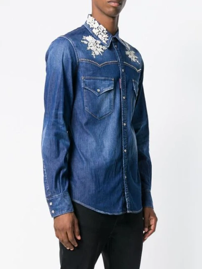 Shop Dsquared2 Lace Appliqué Denim Shirt In Blue