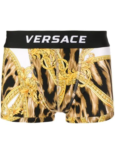 Shop Versace Leopard Print Boxers In Yellow