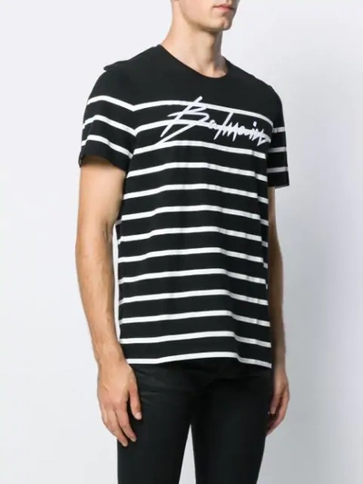 Shop Balmain Striped Signature Logo T-shirt In Black