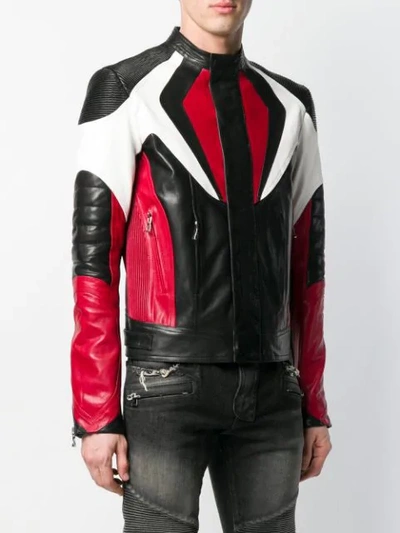 Shop Balmain Tricolour Biker Jacket In Black