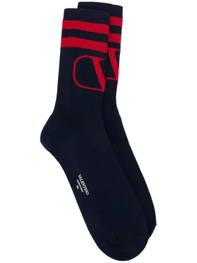 Shop Valentino Vlogo Socks In I52 Navy+rosso
