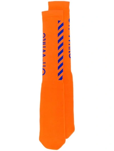 Shop Off-white Contrast Intarsia Logo Socks In 1930 Orange Blue