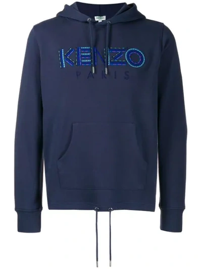 Shop Kenzo Logo Embroidered Hoodie In Blue