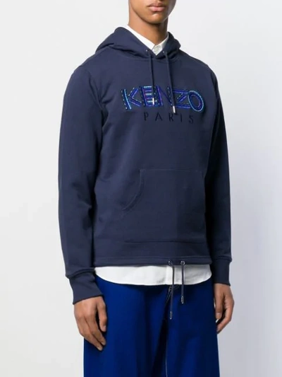 Shop Kenzo Logo Embroidered Hoodie In Blue