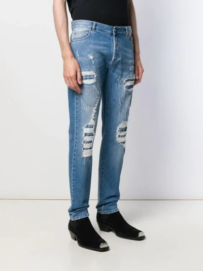 Shop Balmain Distressed Straight-leg Jeans In Blue