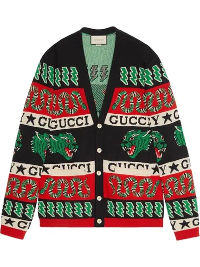 Shop Gucci Wool Symbols Jacquard Cardigan In Black ,red