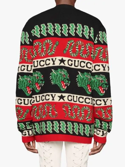 Shop Gucci Wool Symbols Jacquard Cardigan In Black ,red