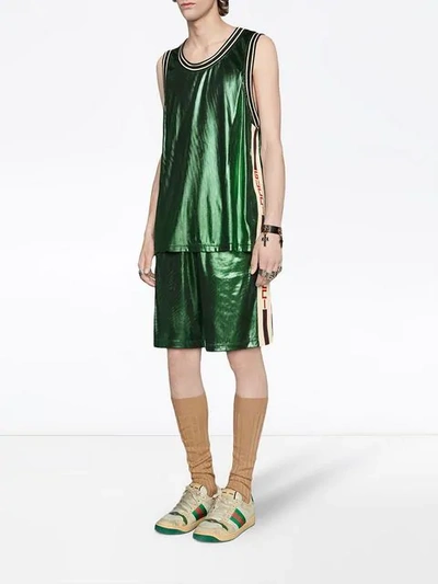 Shop Gucci Tr�gershort Im Metallic-look In Green