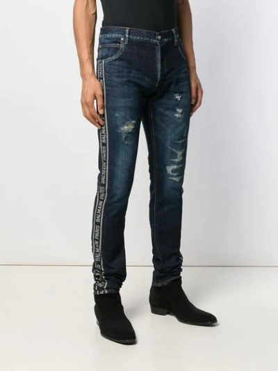 Shop Balmain Logo-stripe Skinny Jeans In Blue