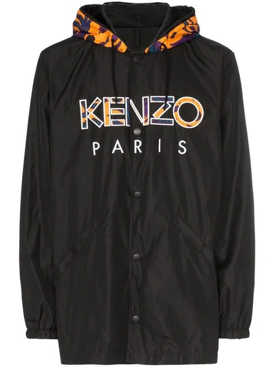 Shop Kenzo Logo Print Hooded Windbreaker Jacket In Black