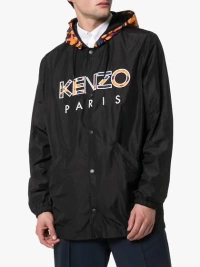 Shop Kenzo Logo Print Hooded Windbreaker Jacket In Black