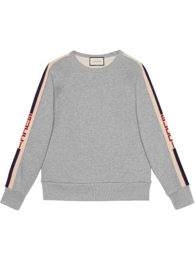 Shop Gucci Cotton Sweatshirt With  Stripe In Grey