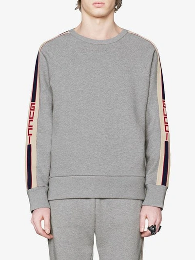 Shop Gucci Cotton Sweatshirt With  Stripe In Grey