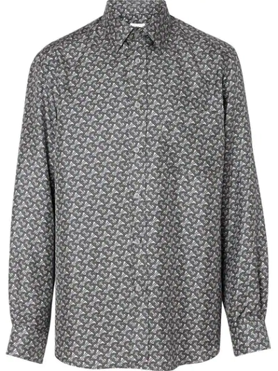 Shop Burberry Classic Fit Monogram Print Silk Twill Shirt In Grey