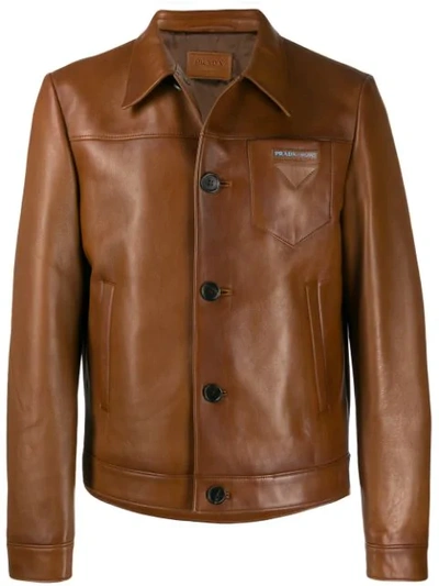 Shop Prada Logo Patch Boxy Jacket - Brown