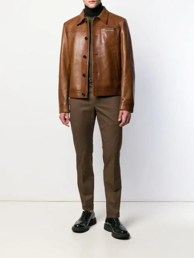 Prada Logo-print Leather Jacket In Brown | ModeSens