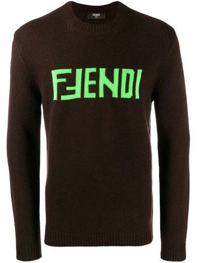 Shop Fendi Logo Sweater In F17qc Moka Verde Fluo