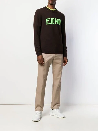 Shop Fendi Logo Sweater In F17qc Moka Verde Fluo