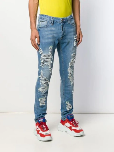 Shop Philipp Plein Super Straight Cut Destroyed Jeans In Blue
