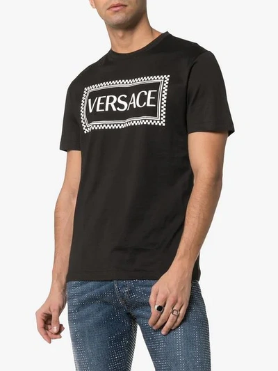 Shop Versace Logo Check Print Cotton T Shirt In Black