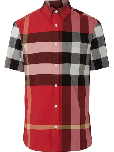 Shop Burberry Short-sleeve Check Stretch Cotton Shirt In Red