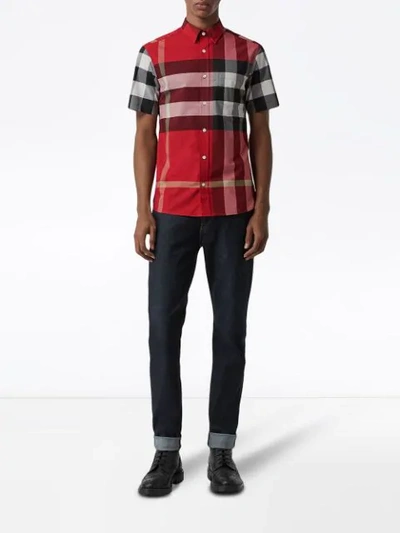 Shop Burberry Short-sleeve Check Stretch Cotton Shirt In Red