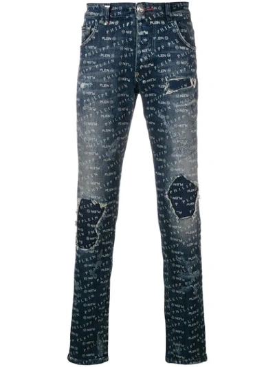 Shop Philipp Plein Logo Print Skinny Jeans In Blue