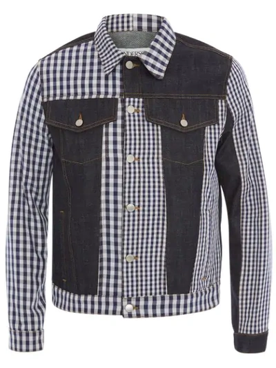 Shop Jw Anderson Gingham Patchwork Denim Jacket In Purple