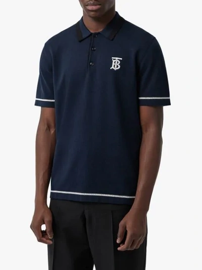 Shop Burberry Monogram Motif Tipped Cotton Jersey Polo Shirt In Blue