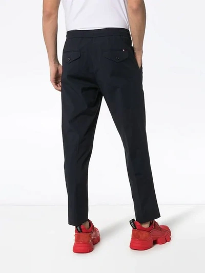 Shop Moncler Straight Leg Cotton Blend Trousers In Blue