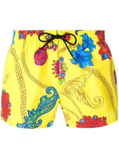 Shop Versace Jewel Print Drawstring Swim Shorts In Yellow
