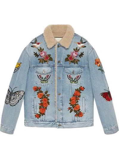 Shop Gucci Embroidered Denim Jacket With Shearling In Blue