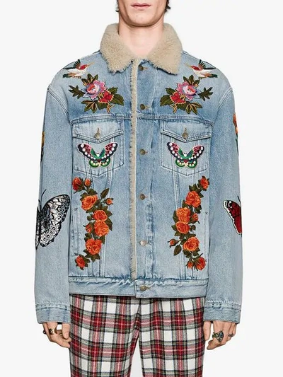 Shop Gucci Embroidered Denim Jacket With Shearling In Blue