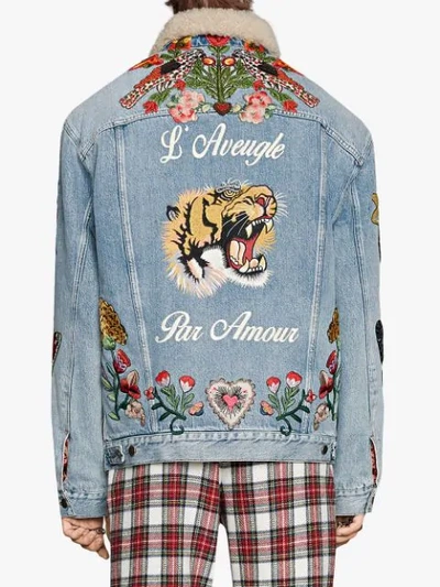 Gucci Shearling Lined Embroidered Denim Jacket In Blue | ModeSens
