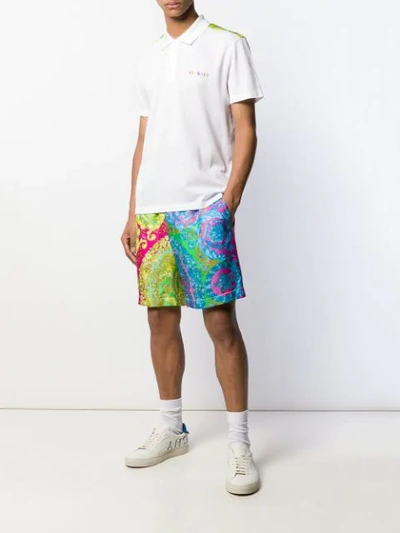 Shop Versace Fluo Barroco Print Silk Shorts In Blue