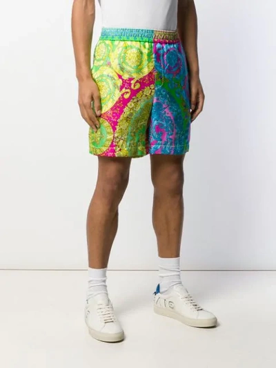 Shop Versace Fluo Barroco Print Silk Shorts In Blue