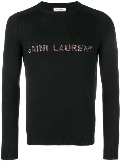 Shop Saint Laurent Beaded Logo Embroidery Sweater In Black