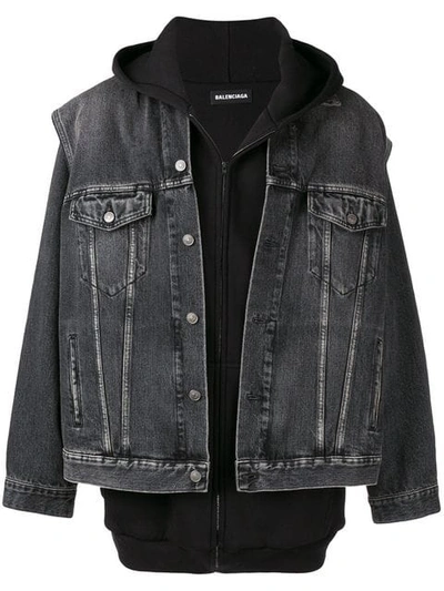 Shop Balenciaga Twinset Hoodie Denim Jacket In Black