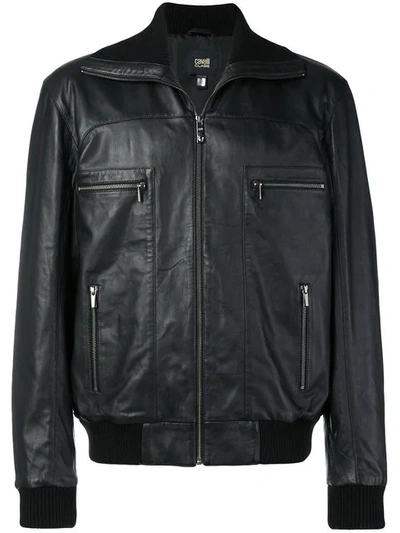 Shop Cavalli Class Leather Bomber Jacket In Black