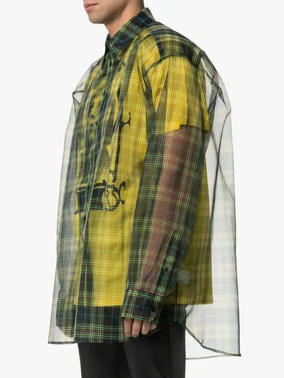 Shop Raf Simons Check Print Double Layer Sheer Cotton Blend Shirt In Green