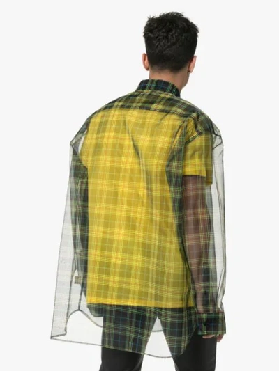 Shop Raf Simons Check Print Double Layer Sheer Cotton Blend Shirt In Green