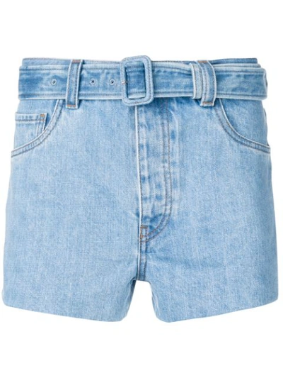 Shop Prada Belted Denim Shorts In Blue