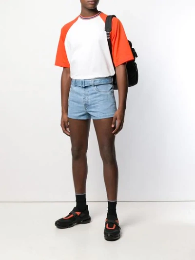 Shop Prada Belted Denim Shorts In Blue