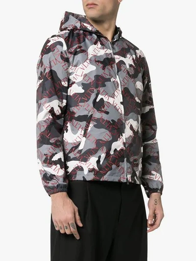 Shop Valentino Grid Camo Print Boxy Fit Hooded Jacket In Grey