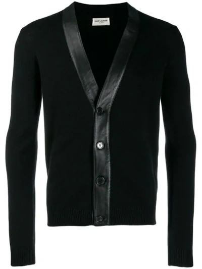 Shop Saint Laurent Leather Trim V-neck Cardigan In Black