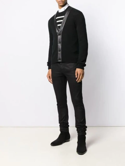 Shop Saint Laurent Leather Trim V-neck Cardigan In Black