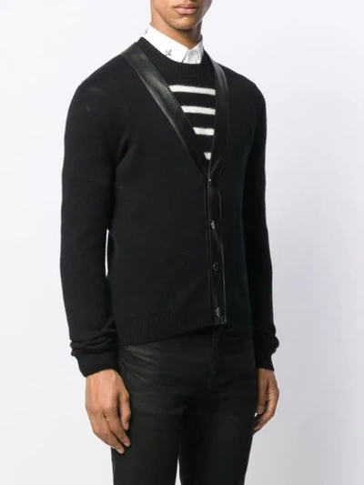 Shop Saint Laurent Leather Trim V-neck Cardigan In Black